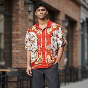 Phat Farm Vintage Orange White Equestrian‎ Urban Button Down Short Sleeve Shirt